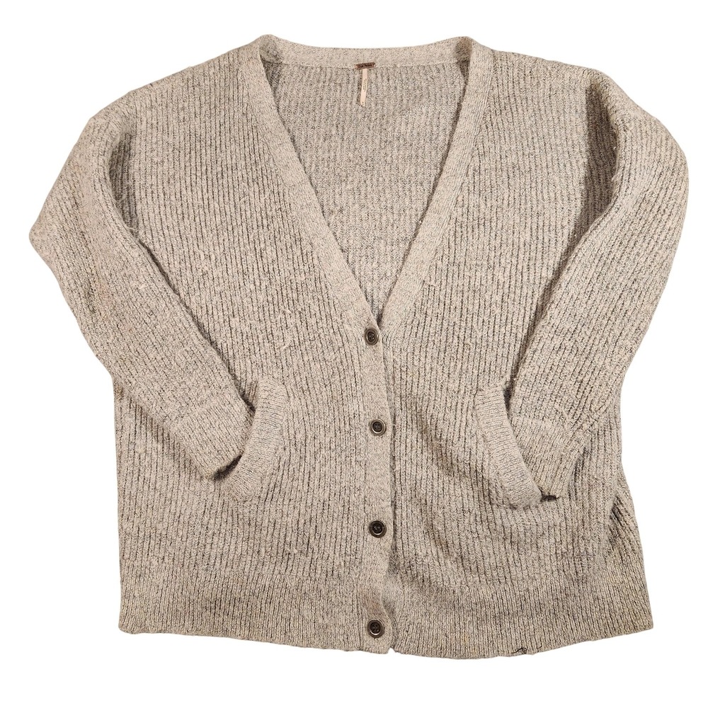 Free People Cardigan Sweater Womens Medium Gray Button Front Pockets Ribbed Knit
